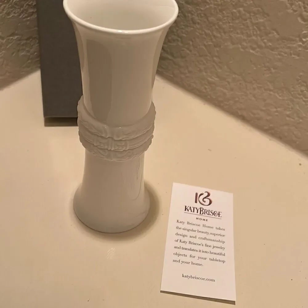 New in box Katy Briscoe Home Bone China White Bisque Small Vase 7.5”  Giftable